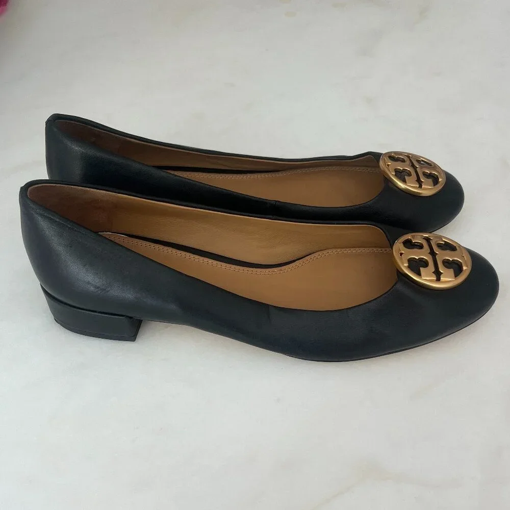 Tory Burch Black Leather Ballet Flats with Gold Logo Medallions